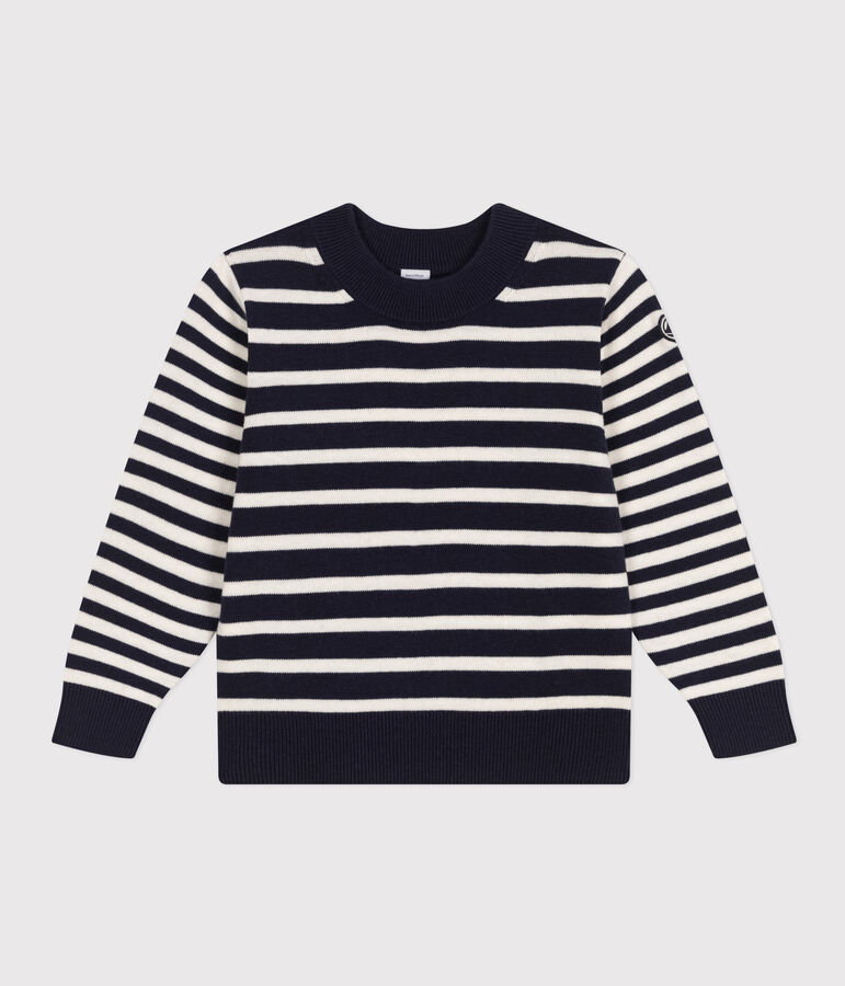 Pullover rigato in lana e cotone bambino blu/bianco