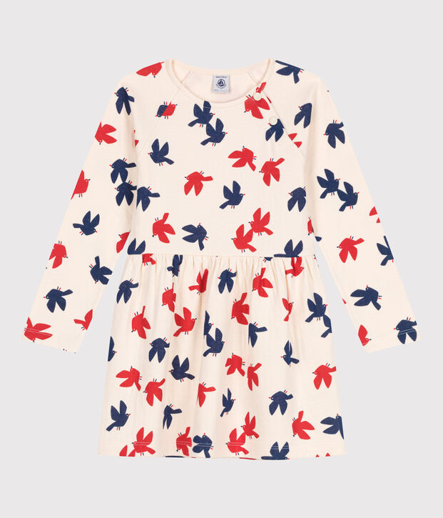 Abito a maniche lunghe in cotone con stampa bambina ecru/multicolore
