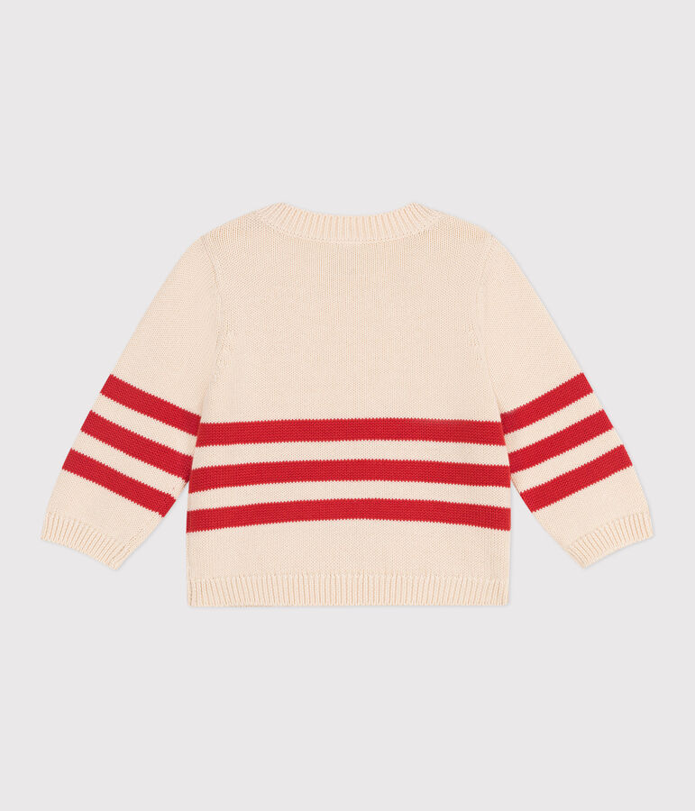 Pullover in cotone a righe applicate e stemma sul petto neonato ecru/rosso