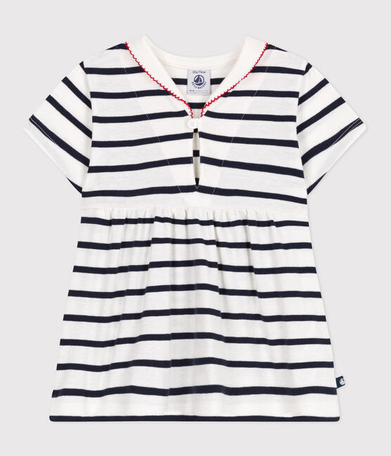 Abito a maniche corte con collo alla marinara in cotone a righe bianco MARSHMALLOW/blu SMOKING