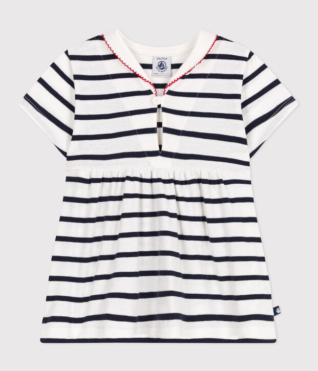 Abito a maniche corte con collo alla marinara in cotone a righe bianco/blu