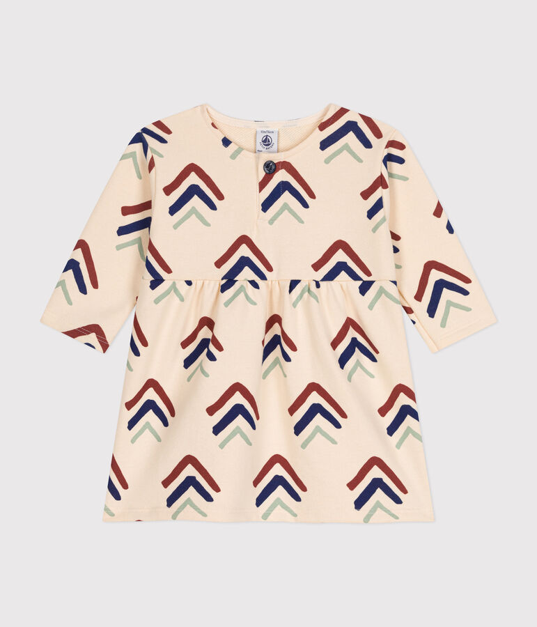 Abito a maniche lunghe in tessuto felpato per beb&egrave; ecru/multicolore