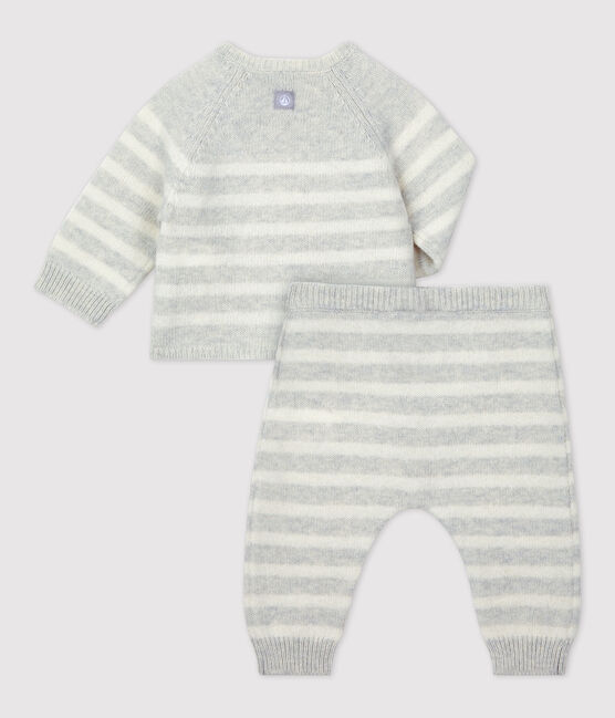Completo 2 pezzi bebè in tricot a righe beige MONTELIMAR/grigio MARSHMALLOW