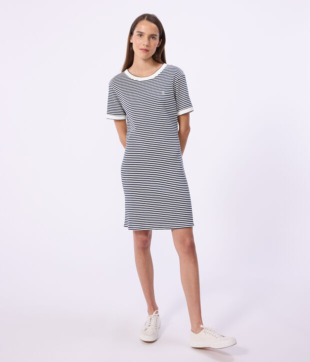 Abito corto in cotone donna blu/bianco