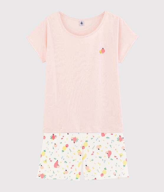 Pigiama corto fantasia frutta estiva ragazza-donna in cotone biologico rosa FLEUR/bianco MULTICO