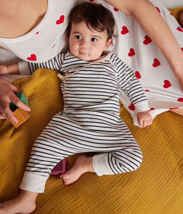 Completo con 3 pezzi a righe in cotone per beb&egrave; bianco/blu