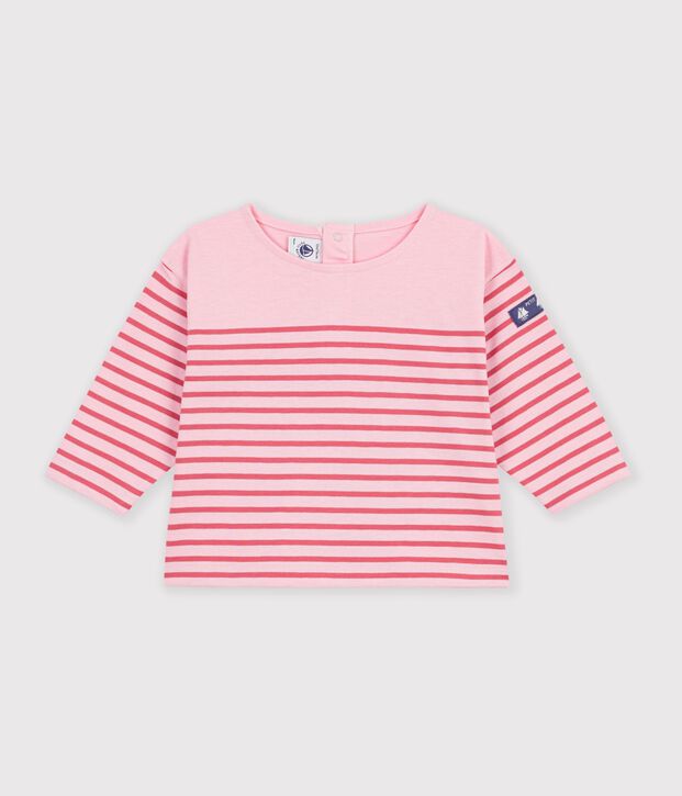 T-shirt a maniche lunghe in cotone a righe neonato. rosa/rosa