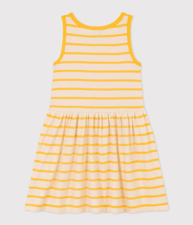 Abito smanicato in cotone bambina ecru/giallo