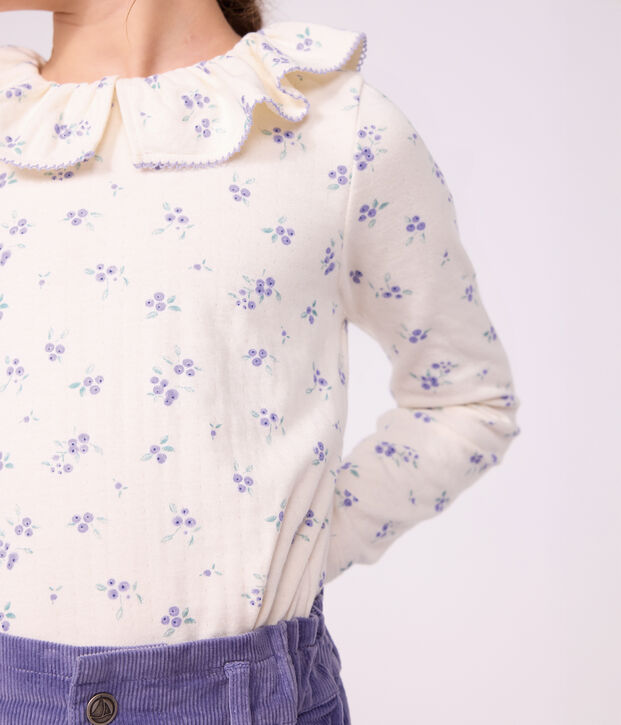 T-shirt a maniche lunghe con colletto e stampa a fiori bambina ecru/multicolore