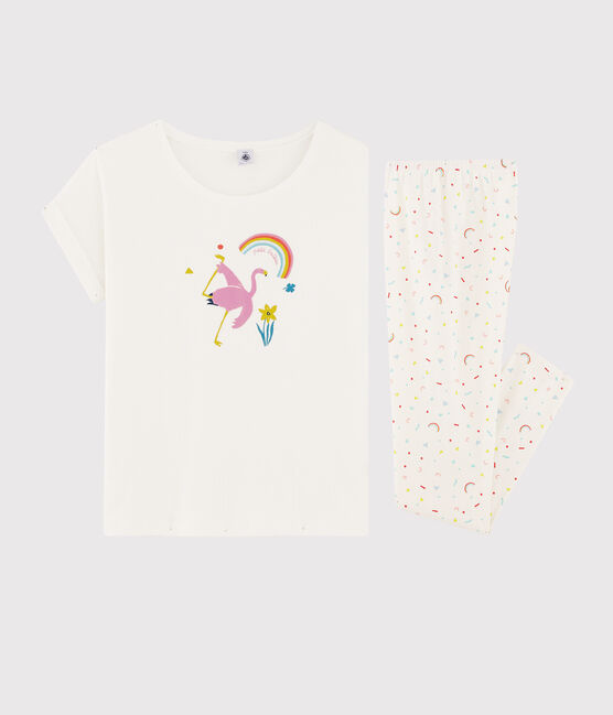 Pigiama ragazza fenicottero rosa a costine bianco MARSHMALLOW/bianco MULTICO