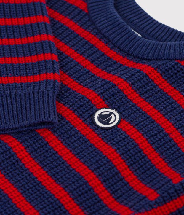 Pullover in misto lana e cotone a righe bambino blu/rosso