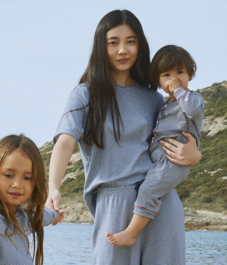 Tutina senza piedi a righe beb&egrave; in cotone blu/bianco