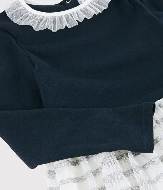 Abito maniche lunghe bambina blu SMOKING/bianco MULTICO
