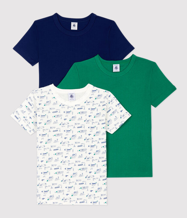 Cofezione da 3 t-shirt bambino maniche corte fantasia trasporti in cotone biologico multicolore