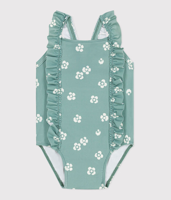 Costume da bagno intero con stampa floreale e volant neonato blu PAUL/bianco MARSHMALLOW
