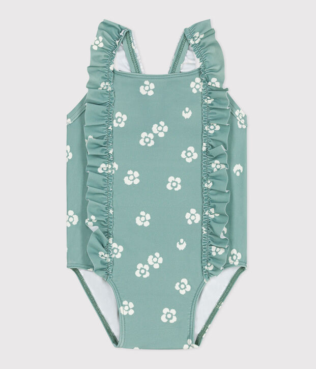 Costume da bagno intero con stampa floreale e volant neonato verde/bianco