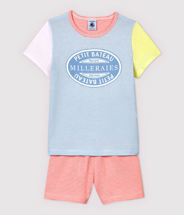 Pigiama corto millerighe colorate bambina in cotone blu/multicolore