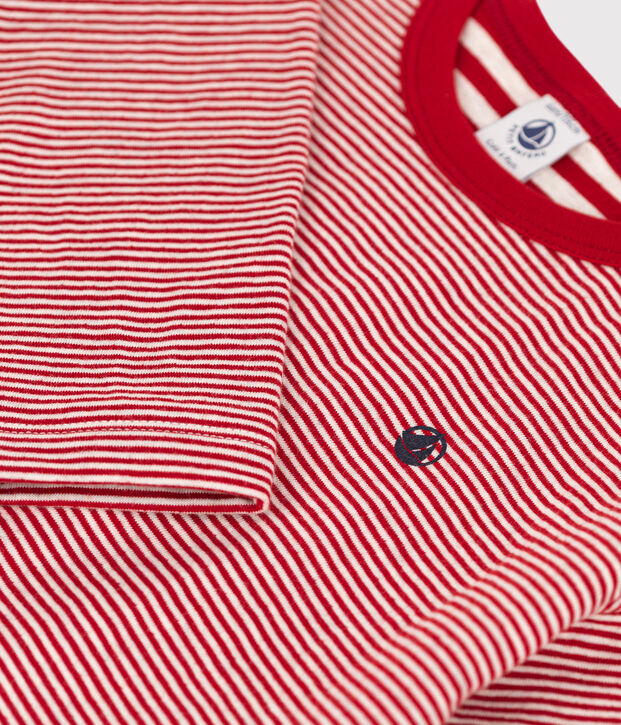T-shirt bambino a maniche lunghe in tubique rosso/beige