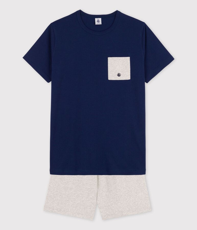 Pigiama corto blu notte ragazzo in cotone biologico blu MEDIEVAL/grigio BELUGA