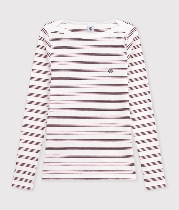 T-shirt a maniche lunghe con scollo a barca in cotone a righe donna bianco/rosso