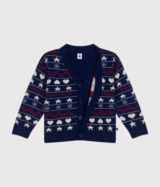 Cardigan in misto lana e cotone lavorato jacquard bambino blu MEDIEVAL/bianco MULTICO