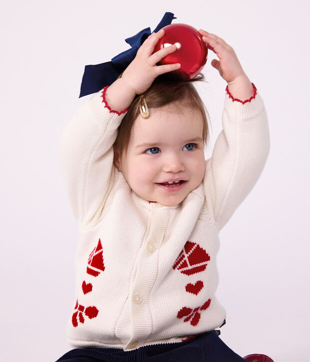Cardigan in maglia di lana e cotone con motivi jacquard neonato bianco/rosso