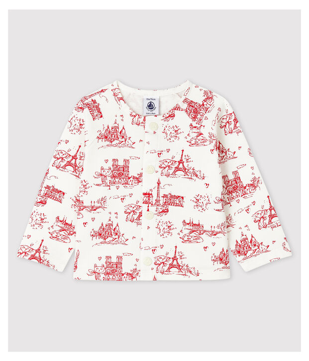 Cardigan fantasia in molleton beb&egrave; femmina bianco/rosso