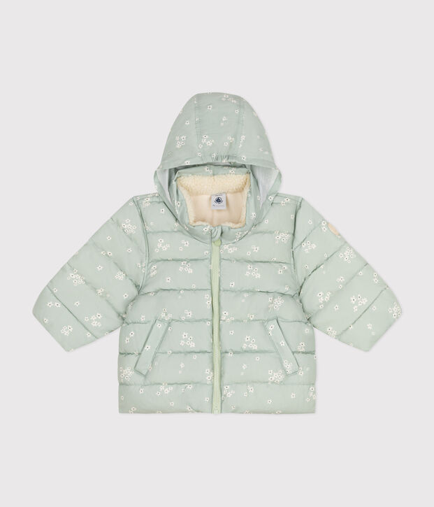 Piumino con cappuccio ritraibile e stampa neonato verde/multicolore