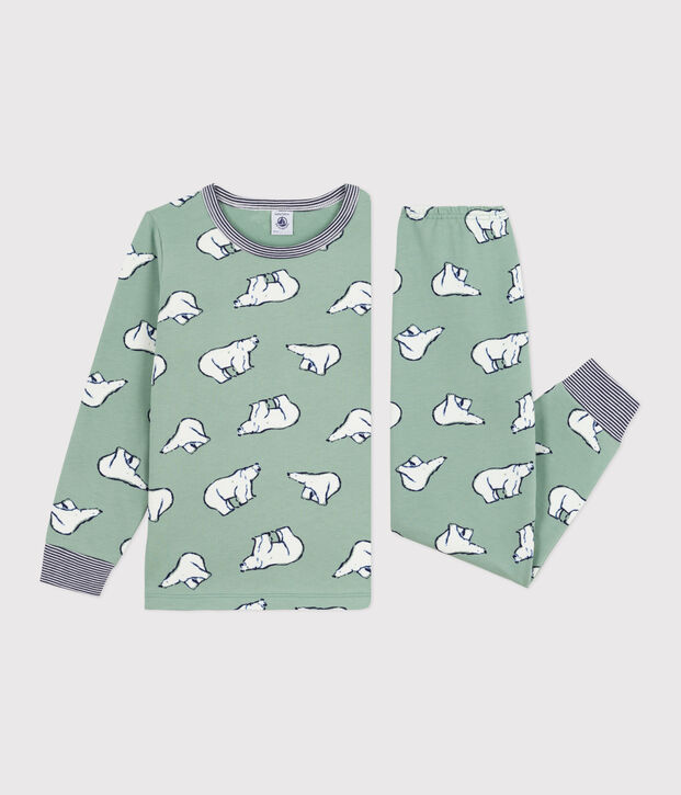 Pigiama bambino in tessuto felpato con orso stampato verde/multicolore