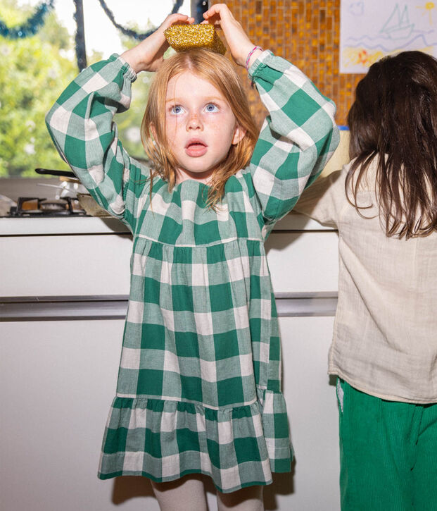 Abito a maniche lunghe in flanella a quadri bambina MATCHA/ecru