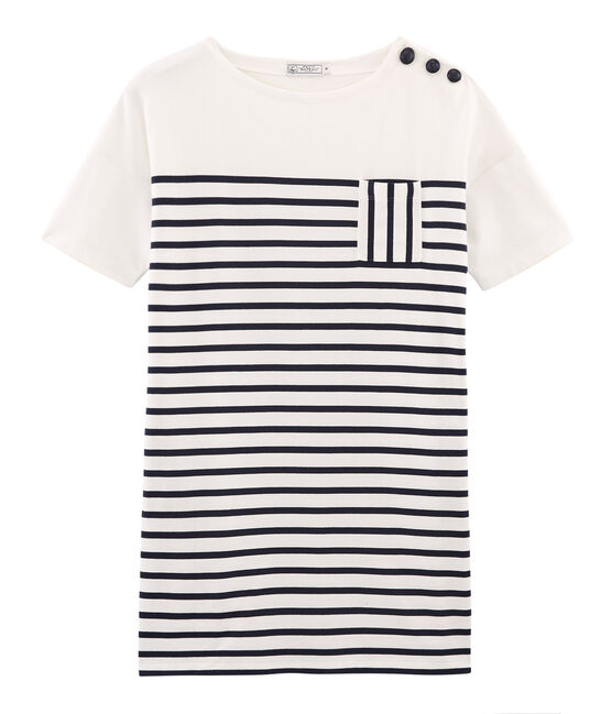 Abito maniche corte donna bianco MARSHMALLOW/blu SMOKING