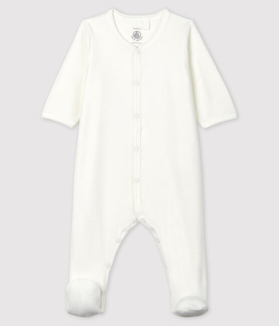 Tutina bianca in ciniglia di cotone biologico con serigrafia Petit Bateau bianco MARSHMALLOW/beige PERLIN