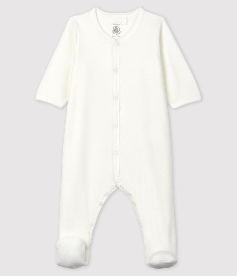 Tutina bianca in ciniglia di cotone biologico con serigrafia Petit Bateau bianco/grigio