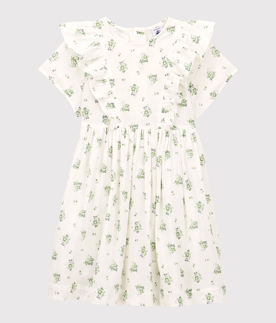 Abito fantasia in garza di cotone bio bambina bianco MARSHMALLOW/bianco MULTICO