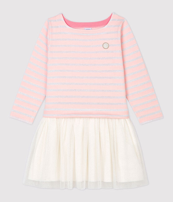 Abito bambina a maniche lunghe in cotone e tulle rosa MINOIS/ MARSHMALLOW ARGENT BRILLANT