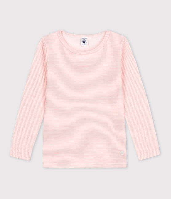 T-shirt a maniche lunghe millerighe in lana e cotone rosa CHARME/bianco MARSHMALLOW
