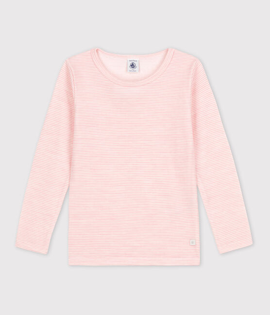 T-shirt a maniche lunghe millerighe in lana e cotone rosa CHARME/bianco MARSHMALLOW