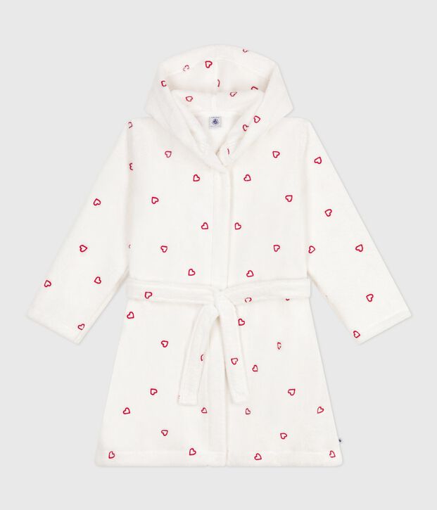 Accappatoio bambina in spugna di cotone con cuori ricamati bianco/rosso
