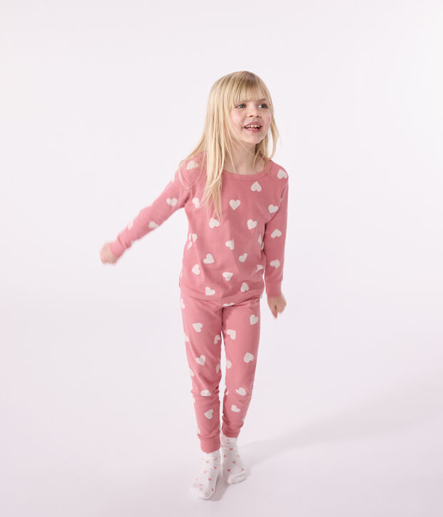 Pigiama in cotone con motivo stampato a cuori bambino rosa/bianco