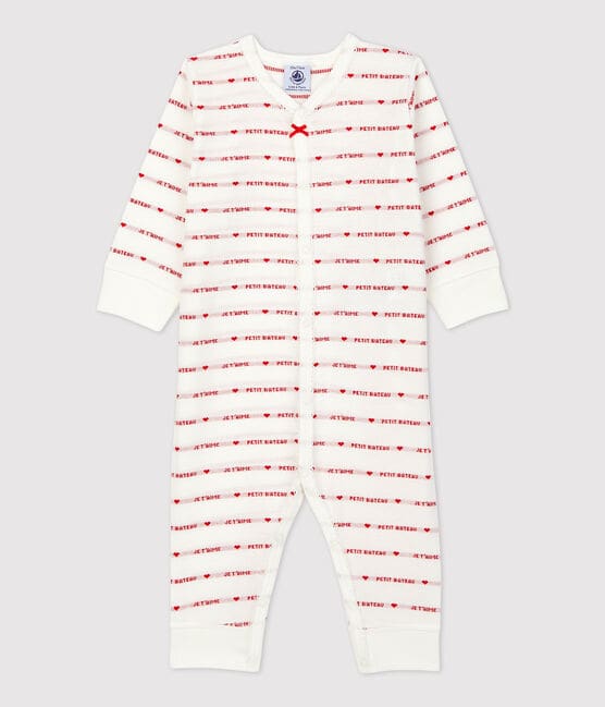Tutina pigiama senza piedi bebé in cotone biologico: Petit Bateau je t'aime bianco MARSHMALLOW/rosso TERKUIT