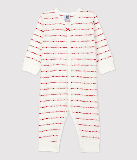 Tutina pigiama senza piedi bebé in cotone biologico: Petit Bateau je t'aime bianco MARSHMALLOW/rosso TERKUIT