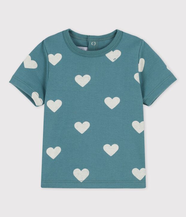 T-shirt beb&egrave; a maniche corte in cotone biologico con fantasia a cuori verde/ecru