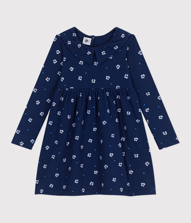 Abito a maniche lunghe in cotone a fiori bambina blu/multicolore