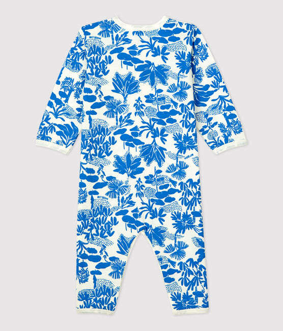 Tutina pigiama stampa vegetale senza piedi bebè in cotone bianco MARSHMALLOW/blu BRASIER