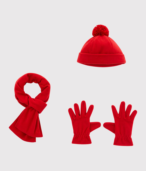 Cappello, guanti e sciarpa in pile rosso