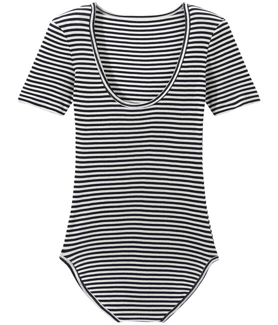 Body donna in cotone effetto seconda pelle blu SMOKING/bianco LAIT