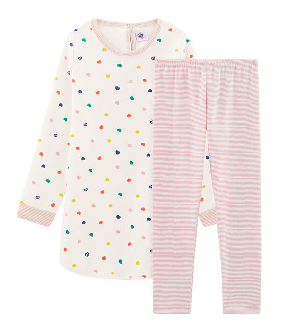 Camicia da notte a manica lunga con cuori bambina in jersey double face bianco MARSHMALLOW/bianco MULTICO
