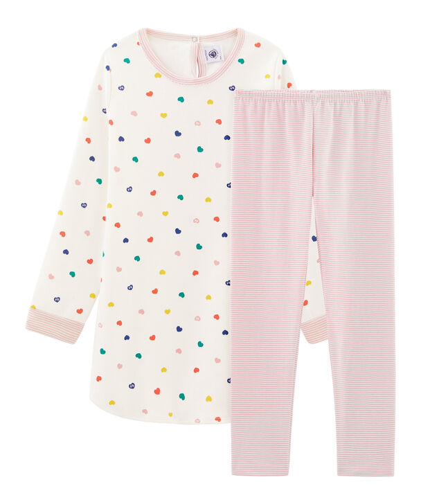 Camicia da notte a manica lunga con cuori bambina in jersey double face bianco/multicolore