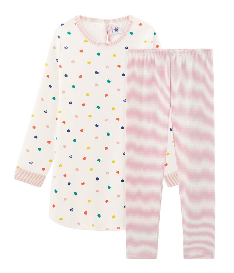 Camicia da notte a manica lunga con cuori bambina in jersey double face bianco/multicolore
