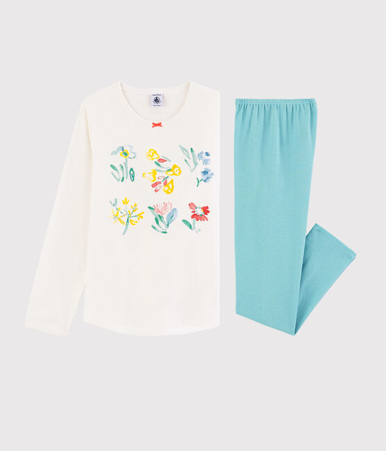 Pigiama fiori primaverili bambina in cotone blu TIKI/bianco MARSHMALLOW
